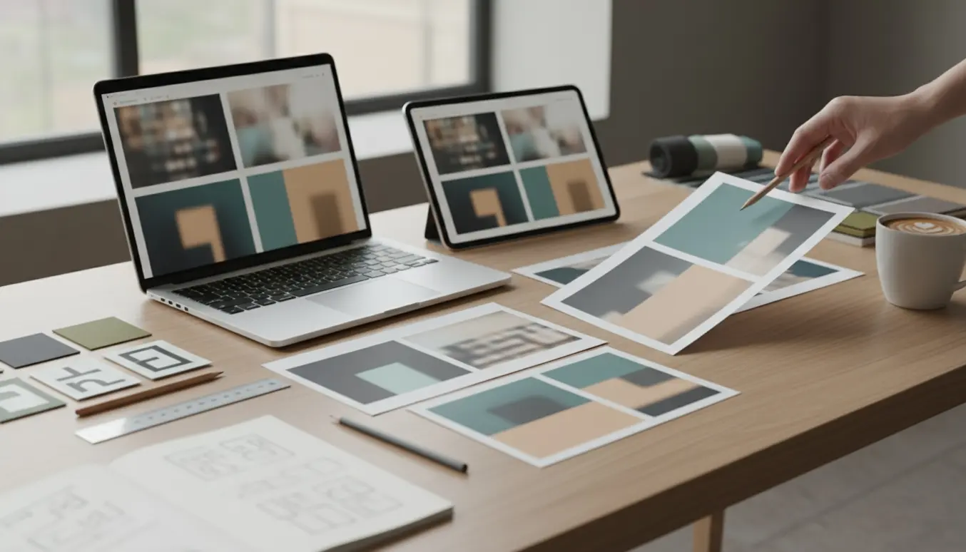 Skrivebord med laptop, trykte PowerPoint- og Word-udkast, farveprøver og typografiske skitser i et lyst, stilrent kontormiljø.