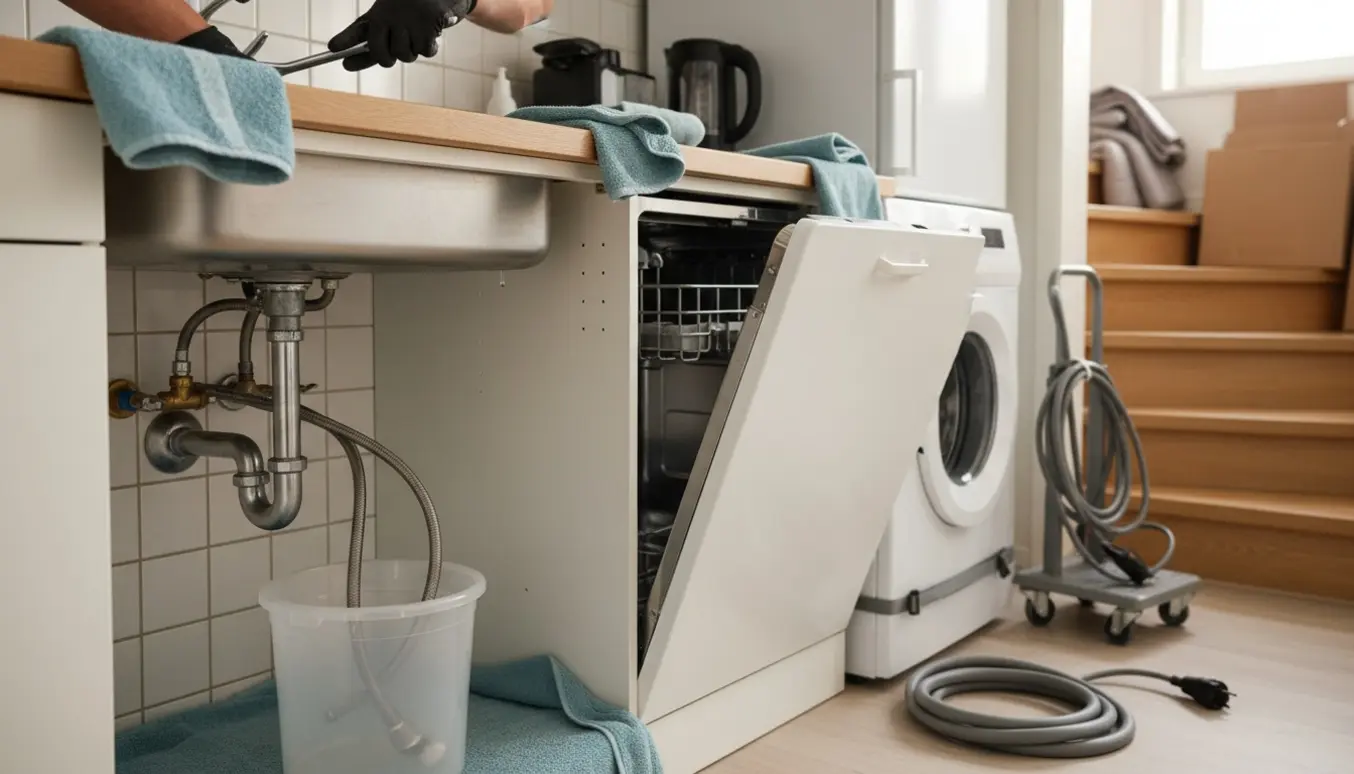 Håndværker afmonterer VVS under køkkenvask mens opvaskemaskine og vaskemaskine er trukket ud klar til fjernelse.