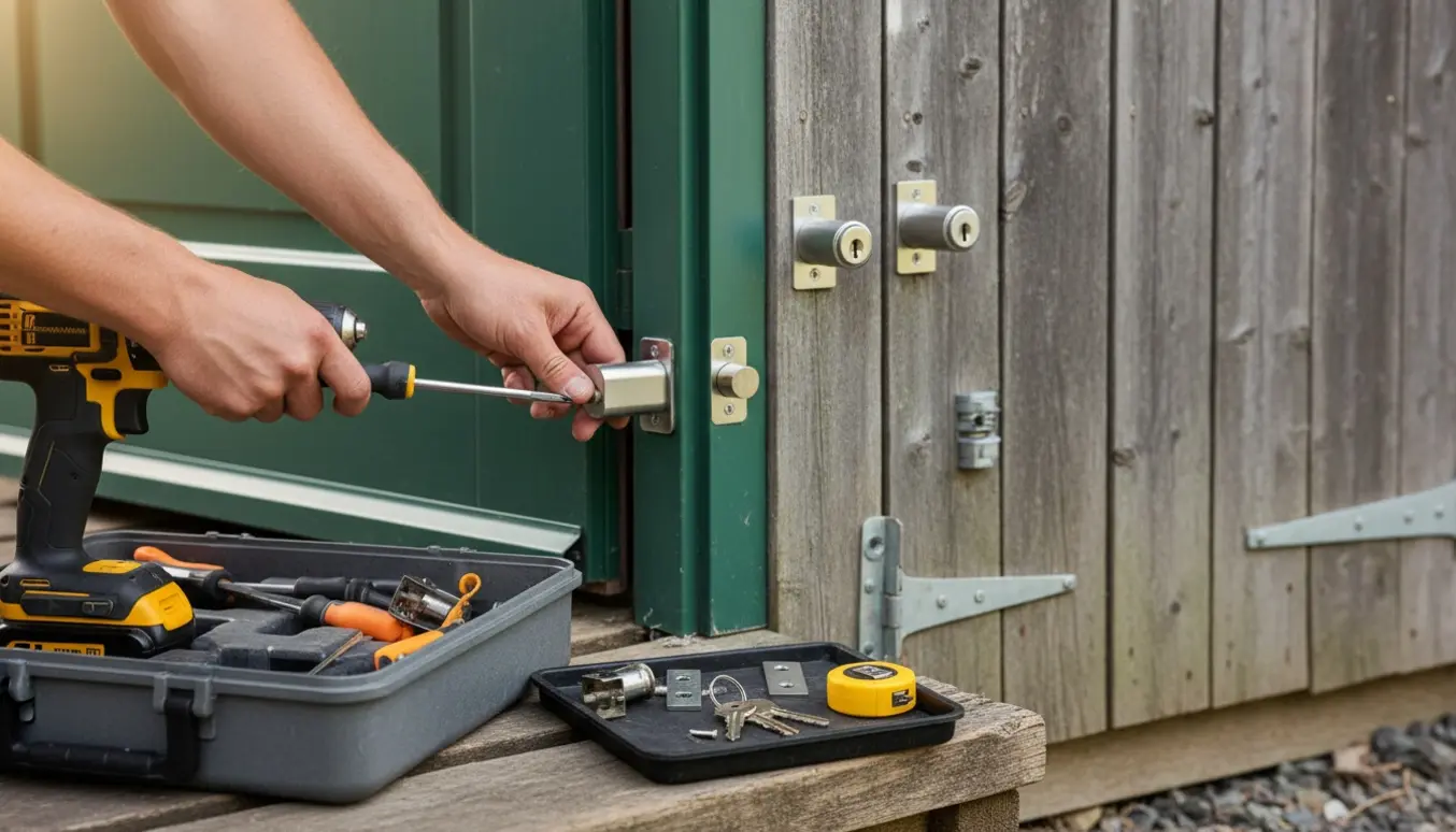 En låsesmed monterer nye låse på en hoveddør og en skurdør med værktøj og reservedele ordnet ved siden af.