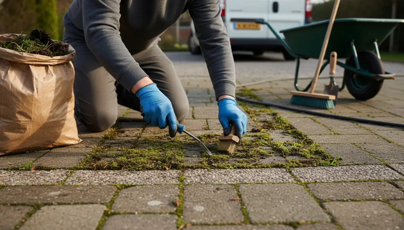 Hænder fjerner ukrudt mellem fliser med en fugekniv, mens en fyldt havesæk står ved siden af.