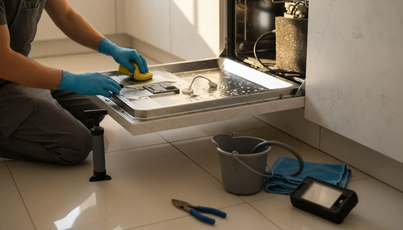 Åben indbygget opvaskemaskine med vand i bunden og tekniker ved siden af med handsker og værktøj.