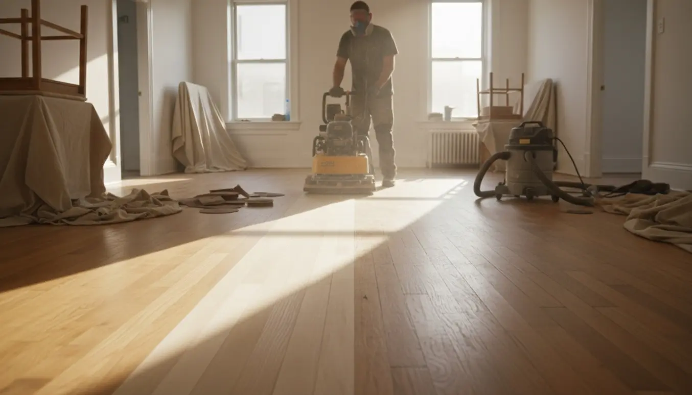 Gulvslibning i en lys treværelses lejlighed med en slibemaskine, hvor en stribe egetræsgulvet er slebet.