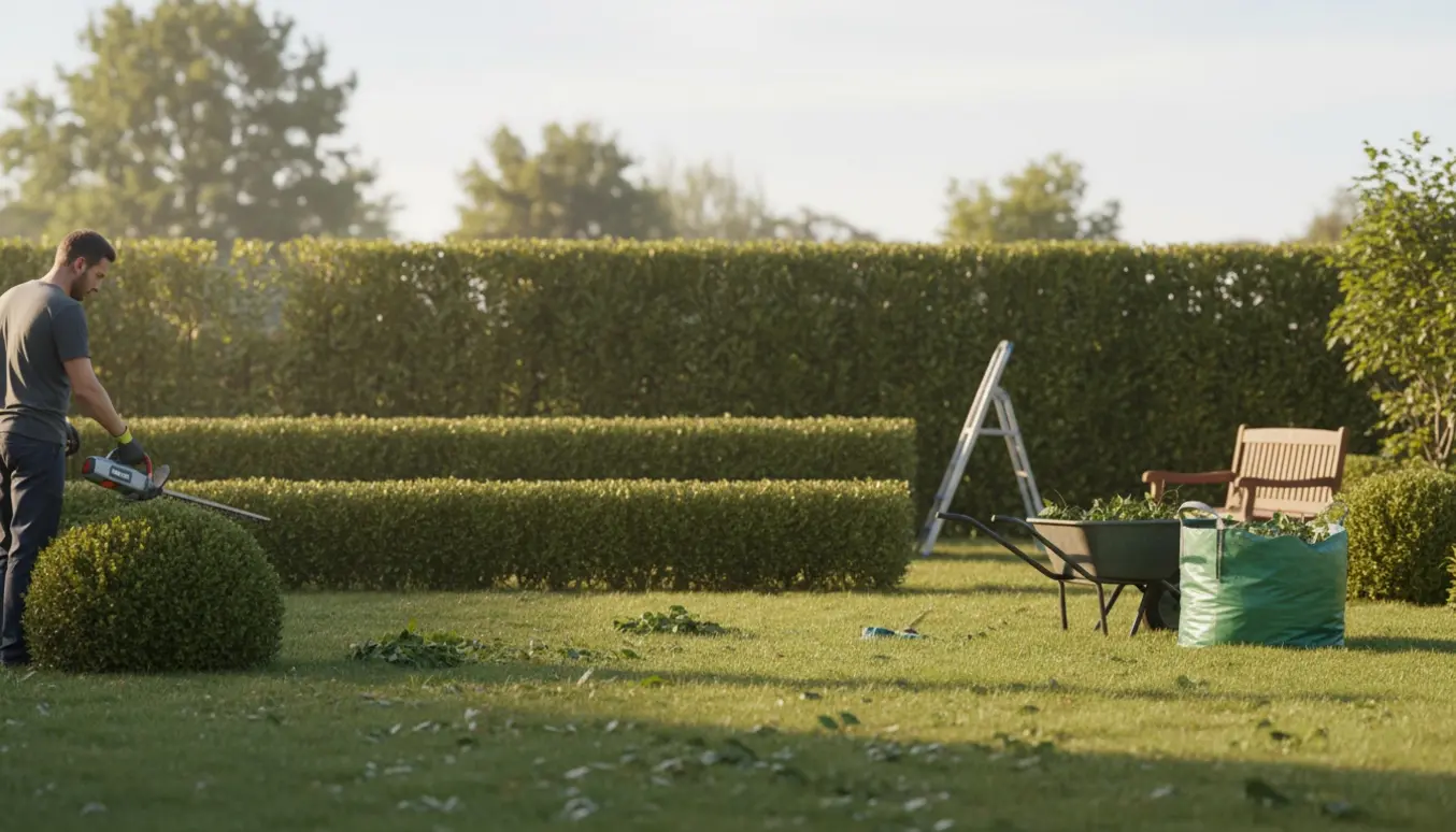 Person trimmer hække i for- og baghaven, beskærer en busk og samler affald i en trillebør.