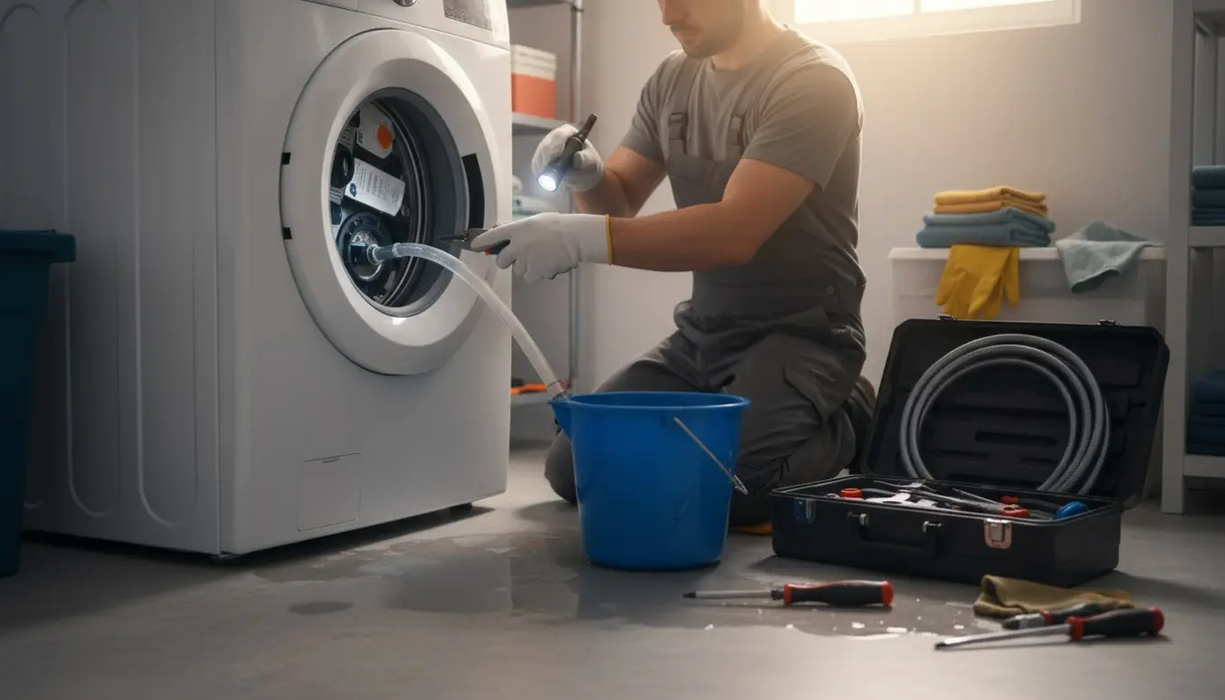 Åben bund på en vaskemaskine i kælder, hænder renser et stoppet afløb med værktøj og vand på gulvet.