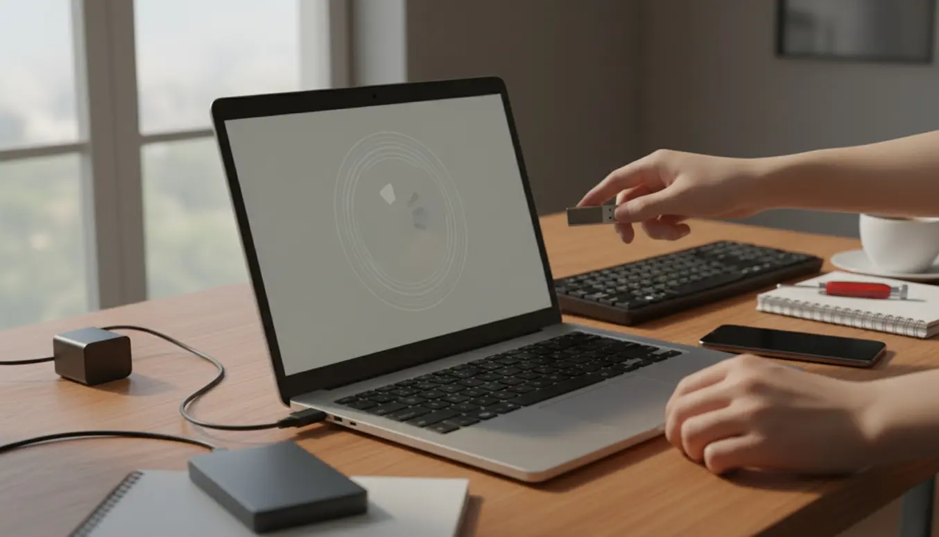 Hånd holder tænd/sluk-knappen på en frossen bærbar computer med USB-drev og værktøj på skrivebordet.