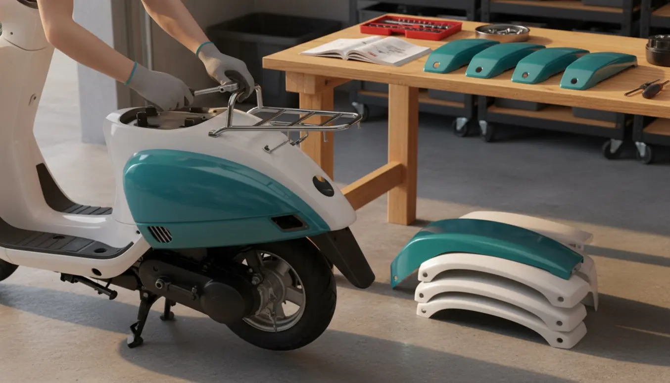 Hænder monterer nye plastikpaneler og en bagagebærer på en Hot 50-scooter i en garage.