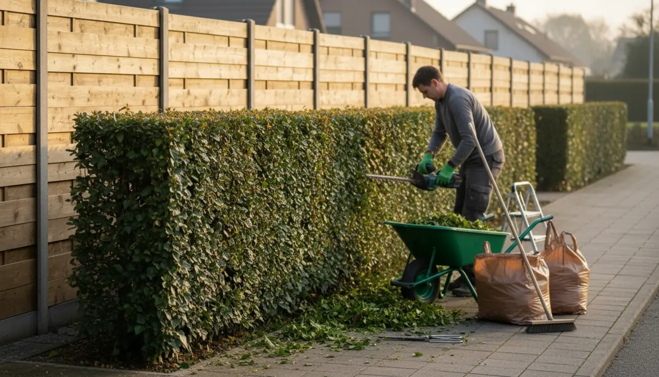Glovede hænder klipper en efeuhæk langs et støjhegn ved fortovet med trillebør og opsamlede afklip.