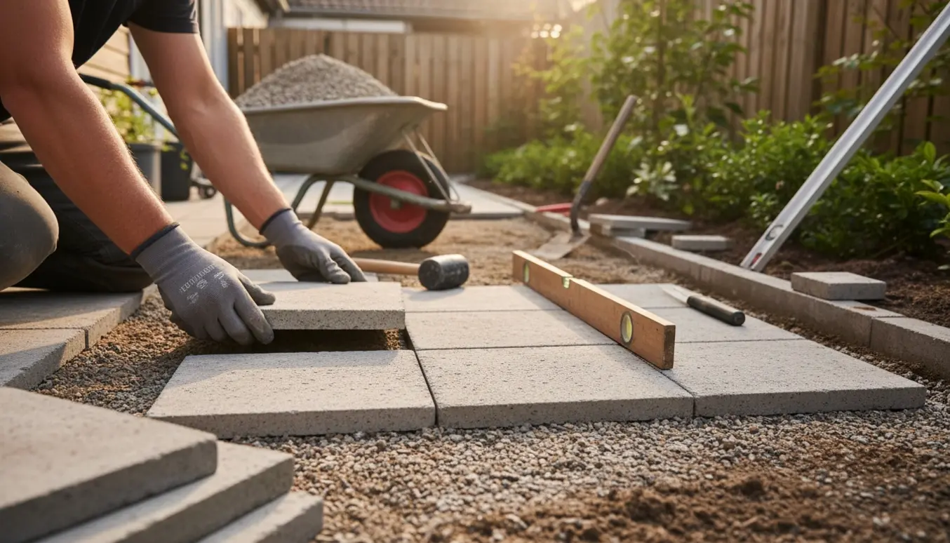 Hænder lægger Holmegårdsfliser på en forberedt bund med fint grus og værktøj omkring.