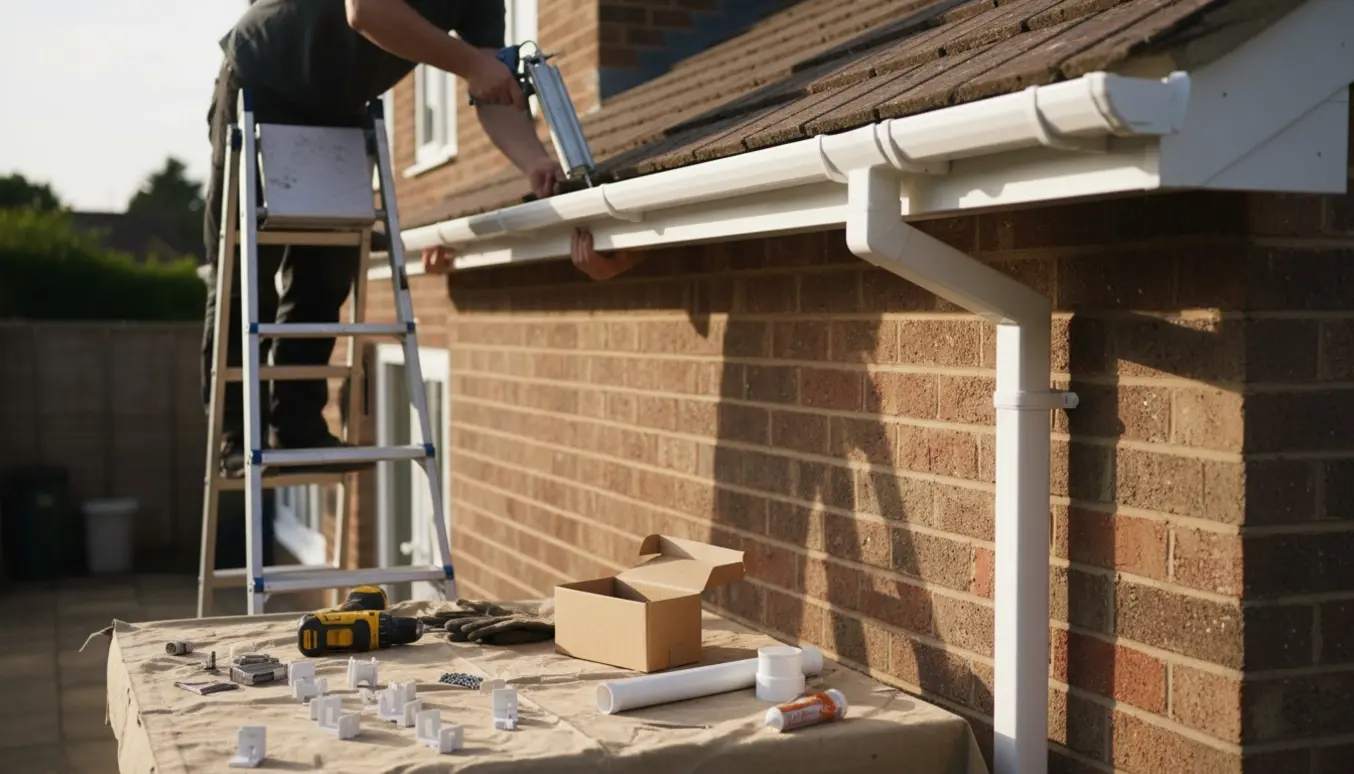 Håndværker på stige fugeforsegler en plasttagrende ved muren på et enderækkehus.