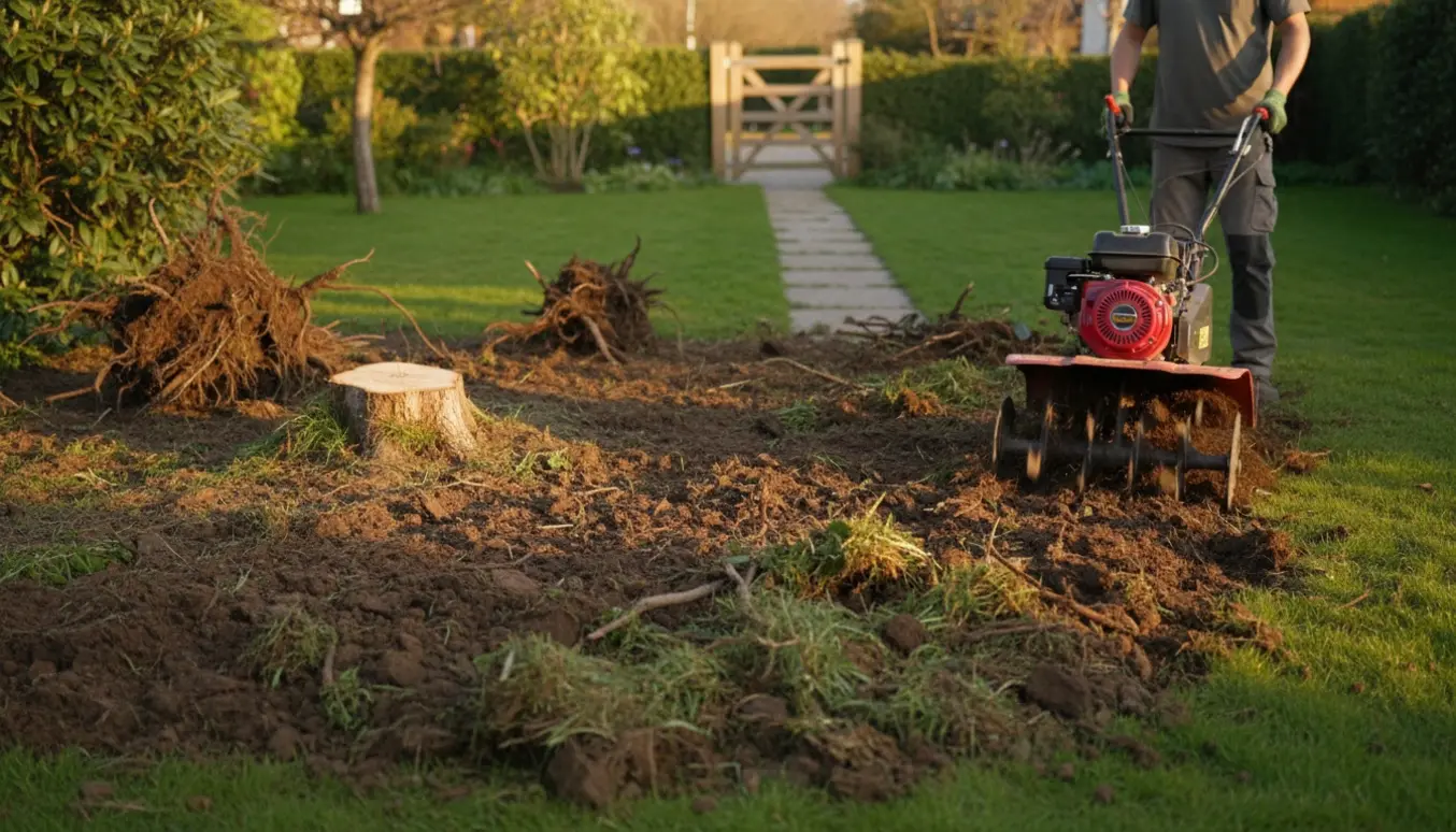 Kompakt fræser vender rødder og løs jord efter fjernet rhododendron med en åben smal havelåge i baggrunden.