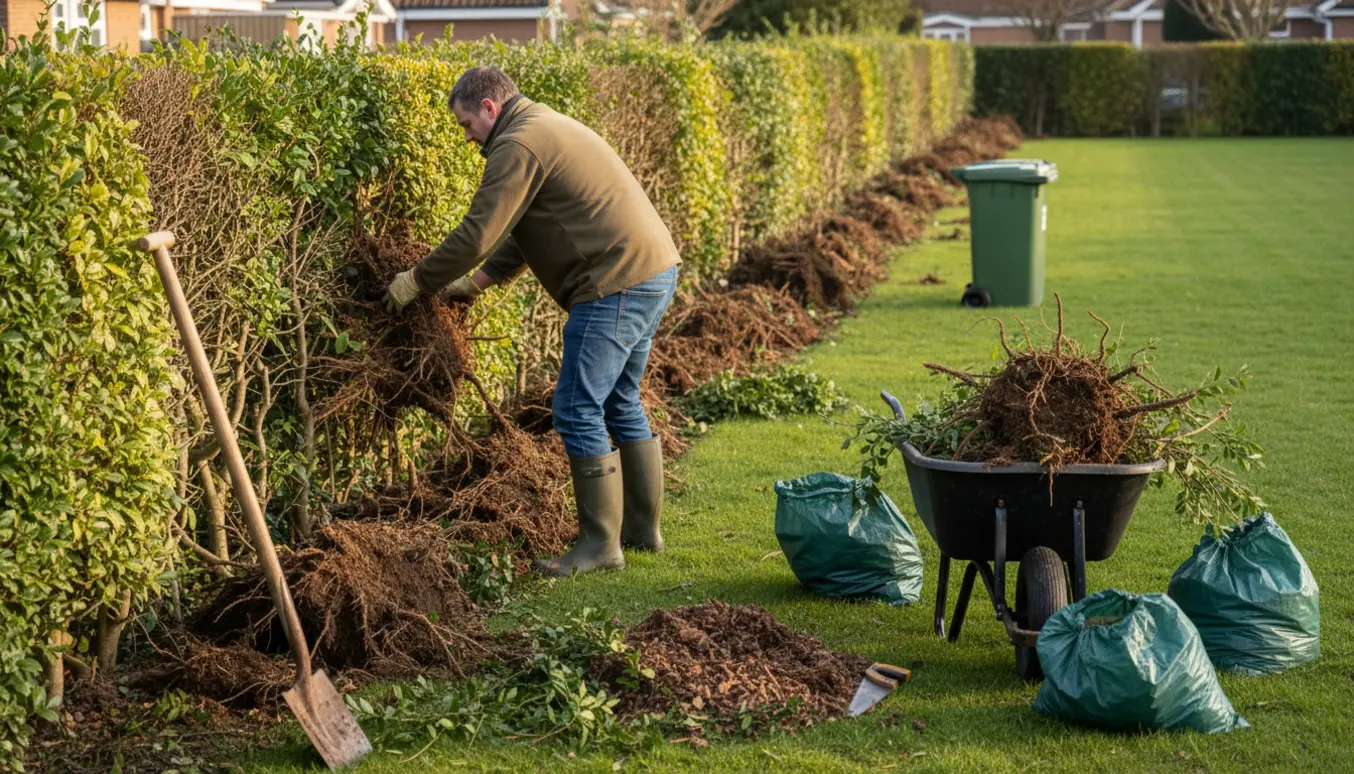 Gartner graver en lang, tynd ligusterhæk op med spade, trillebør og haveposer ved en græskant.