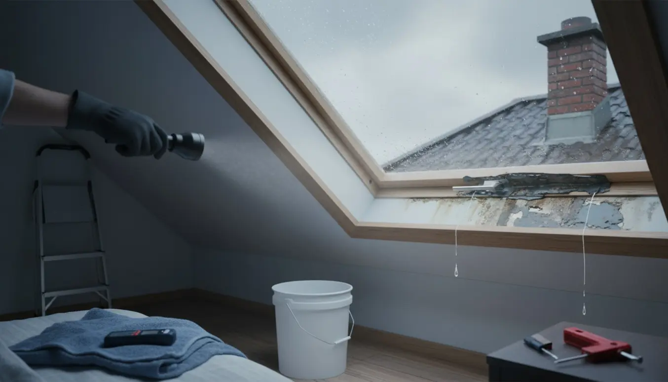 Vådt loft og utæt Velux-vindue med dryppende vand og slidt inddækning ved skorsten.