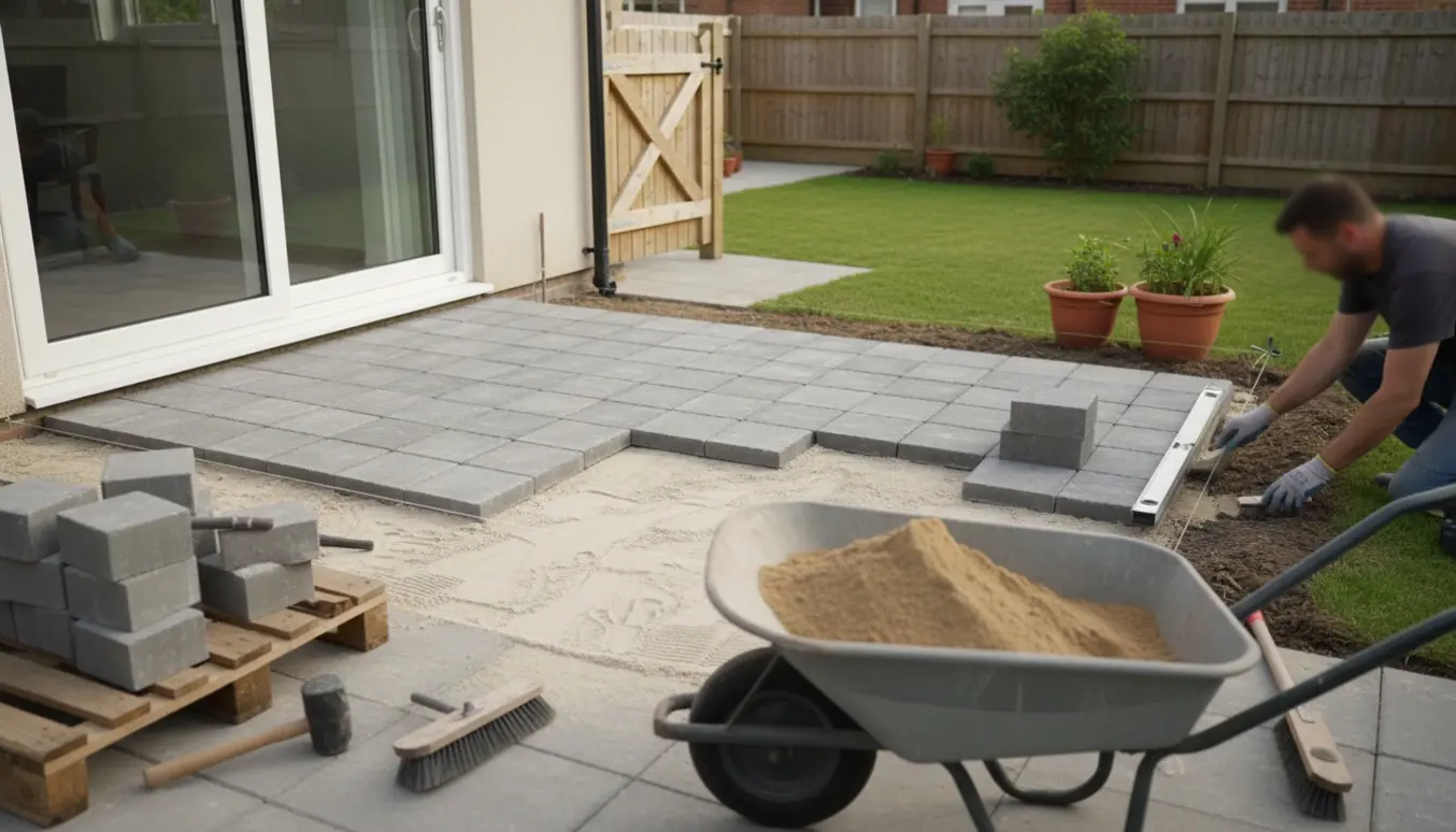 Lægning af grå firkantede fliser ved havens udgang med sand, værktøj og hænder i arbejde.