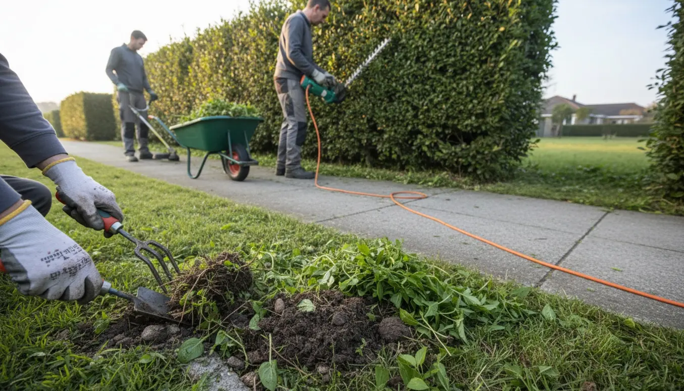 En person rydder ukrudt langs en lang hæk og fjerner græs, der er vokset ud på fortovet, med hækkeklipper og kanttrimmer.