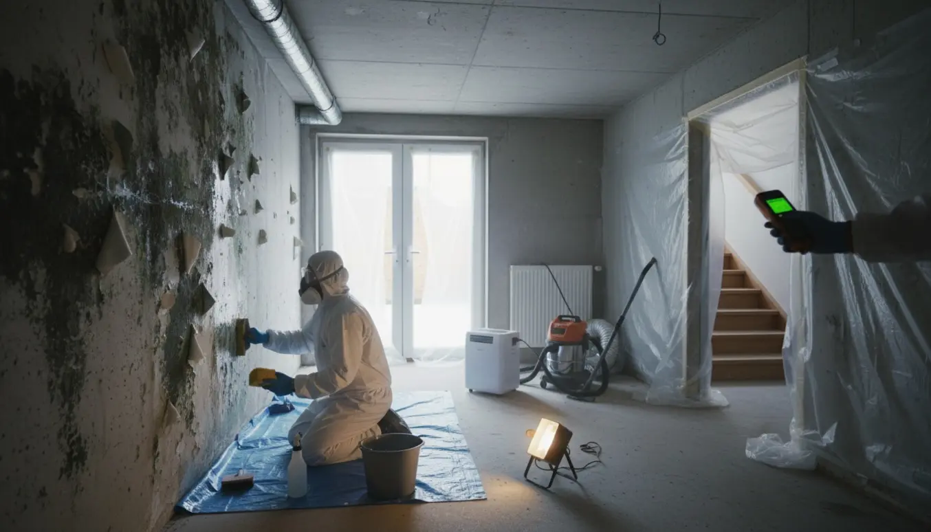 Tekniker i beskyttelsesdragt sanerer synlig skimmel på kældervæg med affugter og HEPA-luftrenser, trappe og afdækket værelse i baggrunden.