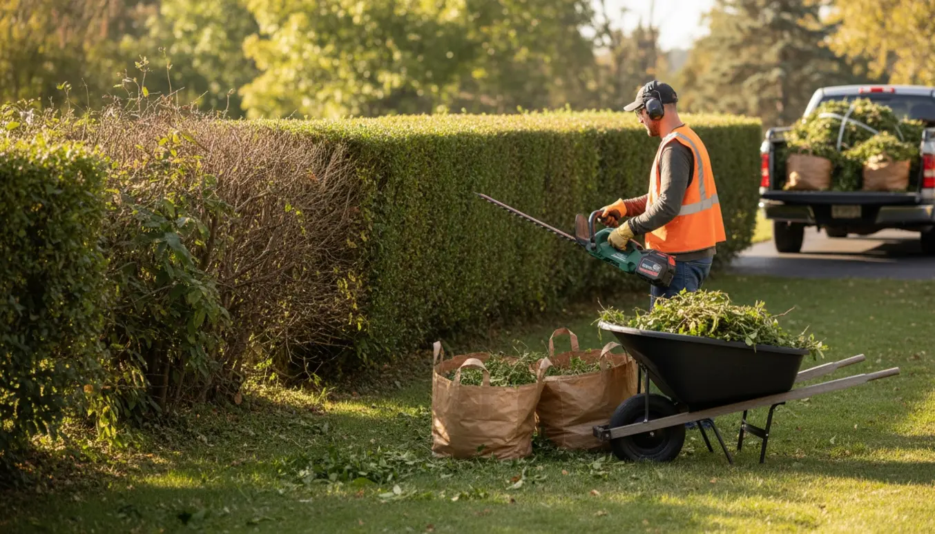 Bagfra set havemand trimmer en lang hæk, med trillebør og poser med afklip klar til bortkørsel.