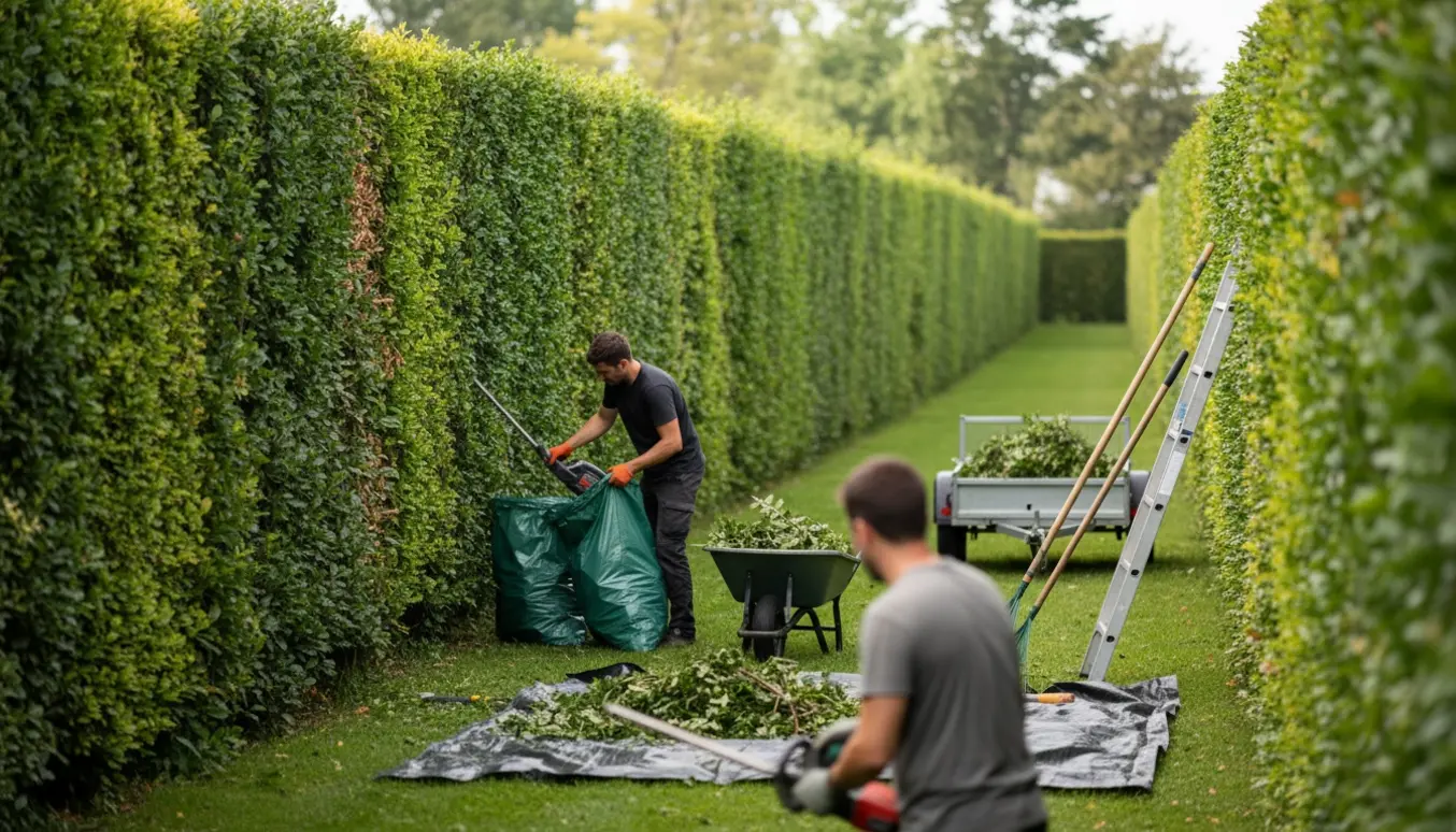 Lang hæk bliver klippet og ryddet op med trillebør, sække og hækkeklipper.