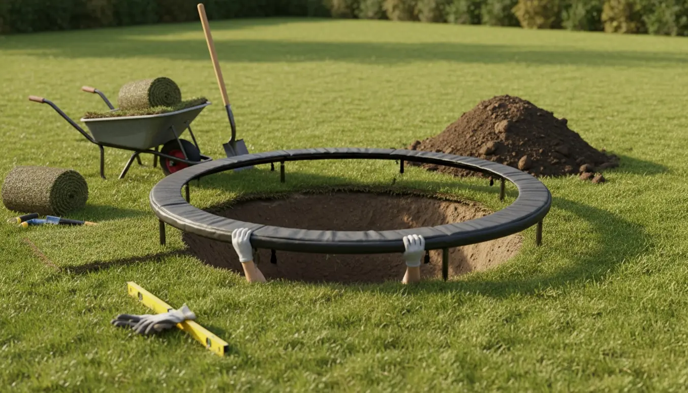 En baghave med en ca. tre meter trampolin, der sænkes ned i en udgravet cirkel omgivet af skovl, trillebør og jordbunker.