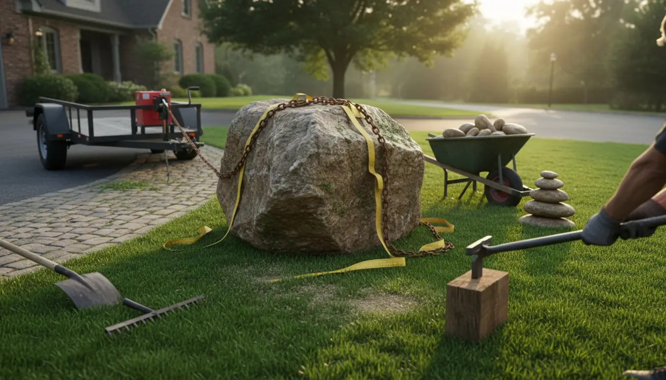 En stor sten i en forhave forberedes til fjernelse med talje, trillebør og arbejdsredskaber.