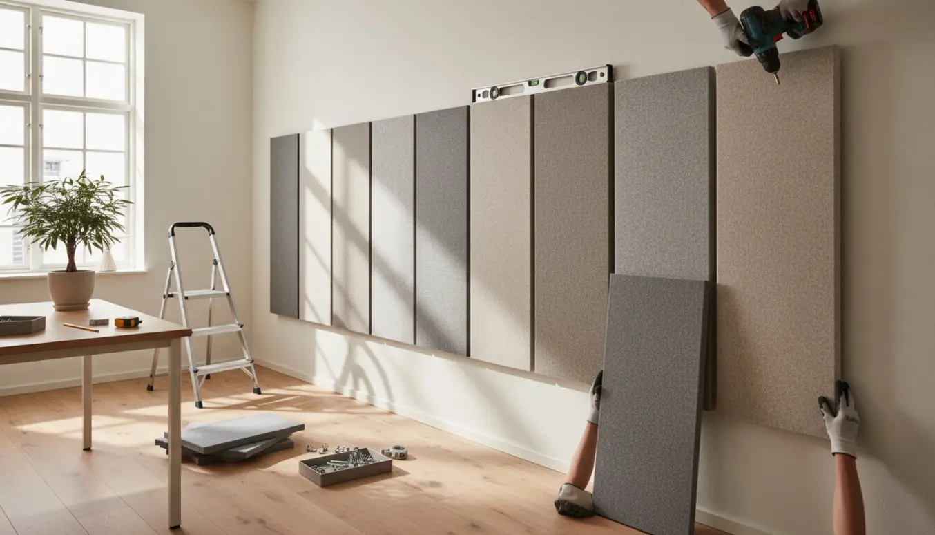 Akustikpaneler monteres på en gipsvæg i et lille kontor, værktøj og hænder er i fokus.