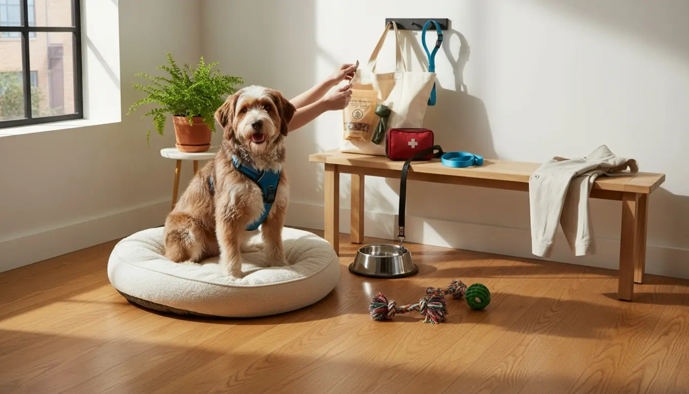 Hund på en blød kurv i en hyggelig lejlighed med snor, vandskål og taske med godbidder klar til pasning.