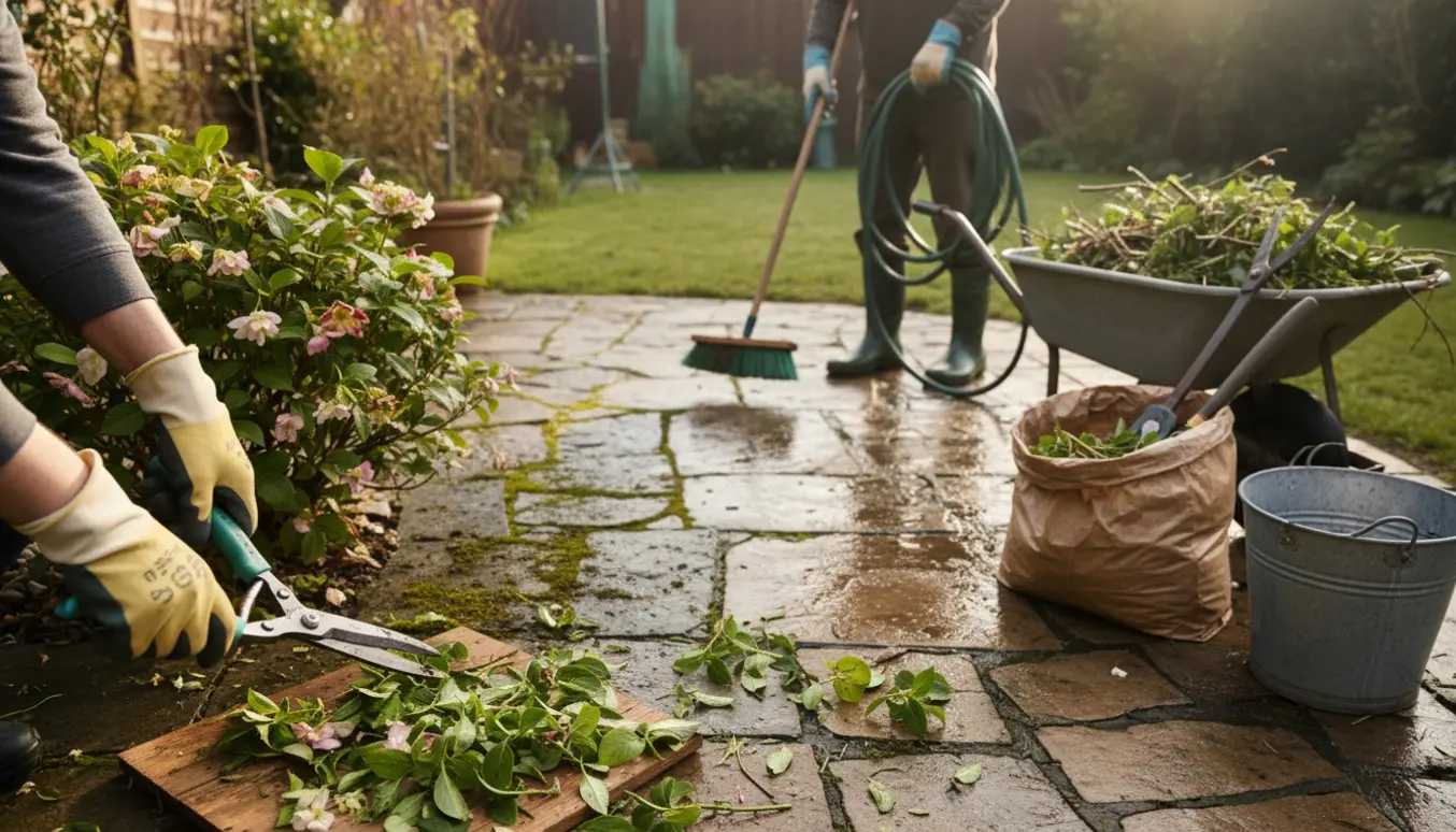 Nærbillede af oprydning i en lille have med beskæring og rengøring af fliser.