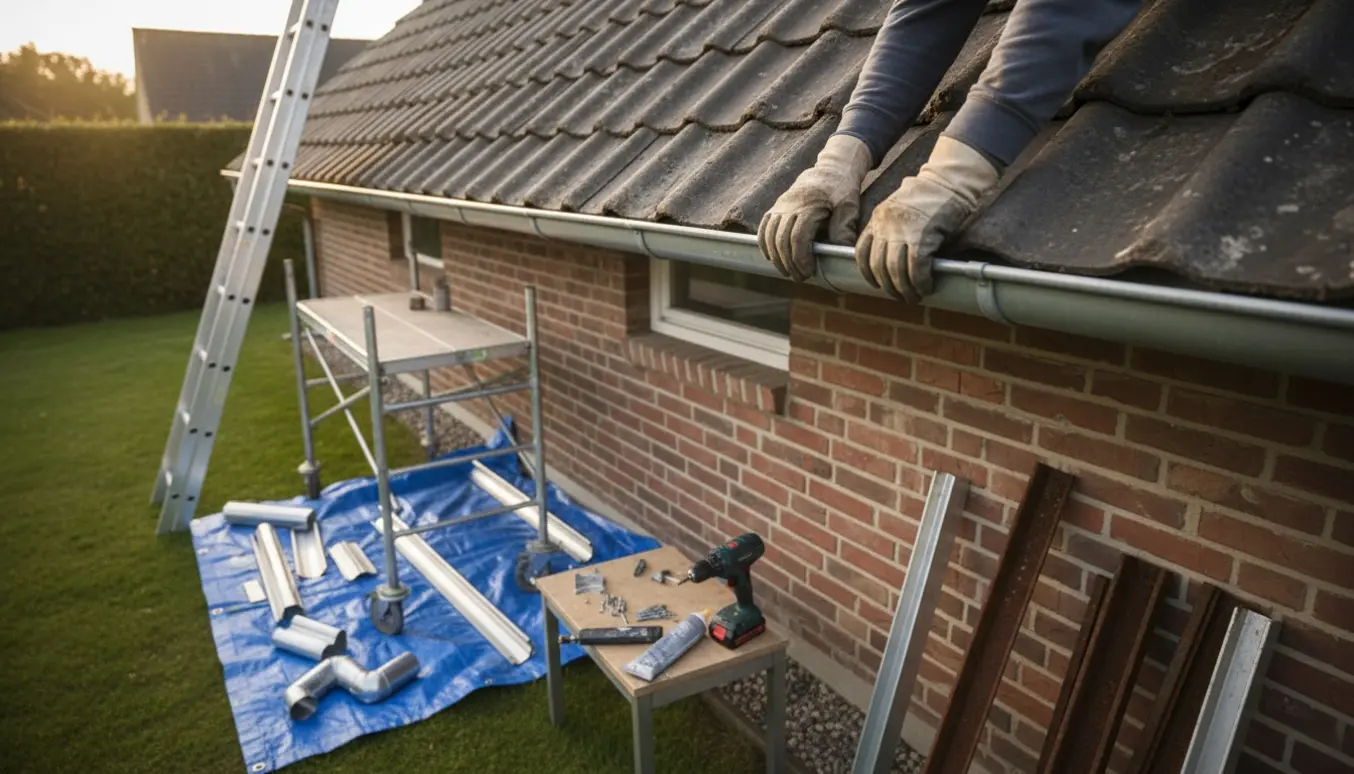 Håndværker hæfter nye ståltagrender på en étplans murstenshus under udskiftning.
