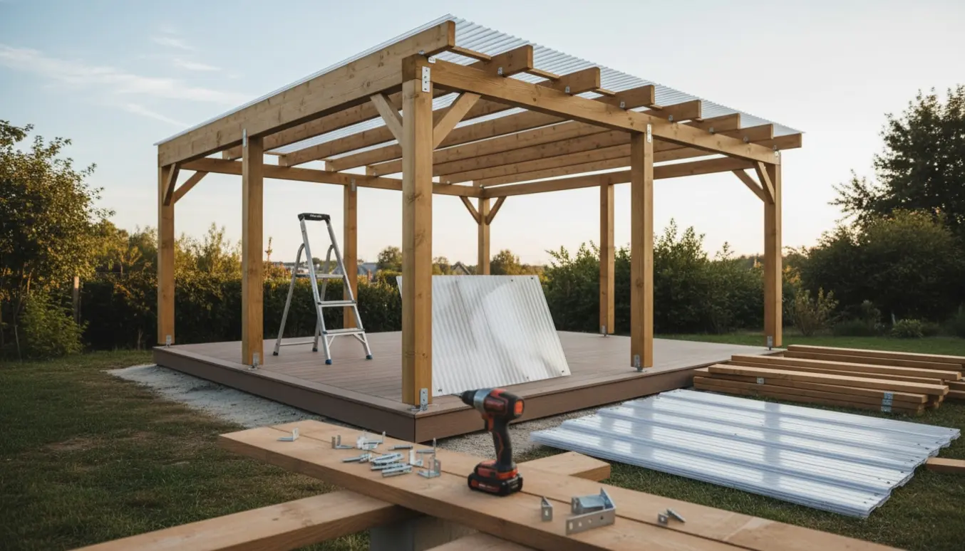 Under opførelse af en overdækket terrasse med stolper, bjælker og værktøj på byggepladsen.