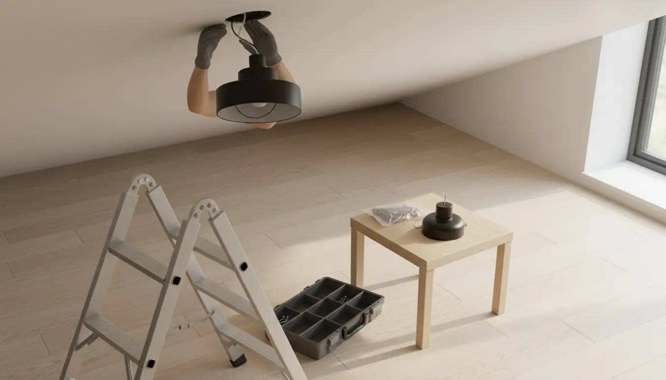 Hænder holder en loftslampe op mod et åbent loftsudtag, mens en tom værktøjskasse står på gulvet.