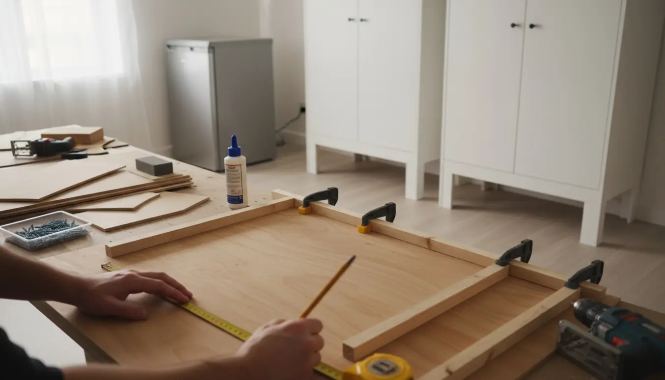 Hænder måler og monterer en speciallavet træsokkel til et fryseskab og to tøjskabe i et lyst værksted.