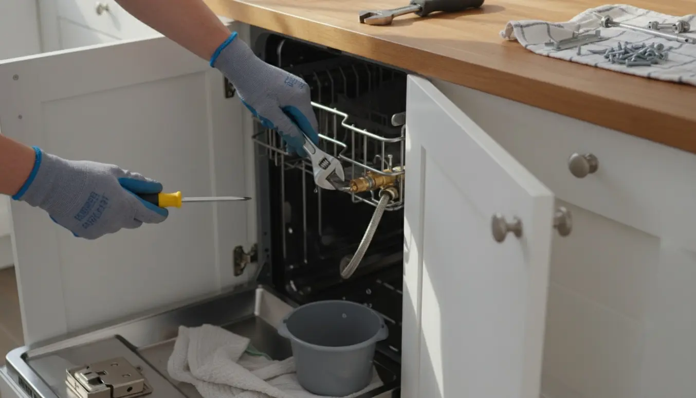 Afmontering af en indbygget opvaskemaskine med låger fjernet og vandslange frakoblet i et lyst køkken.