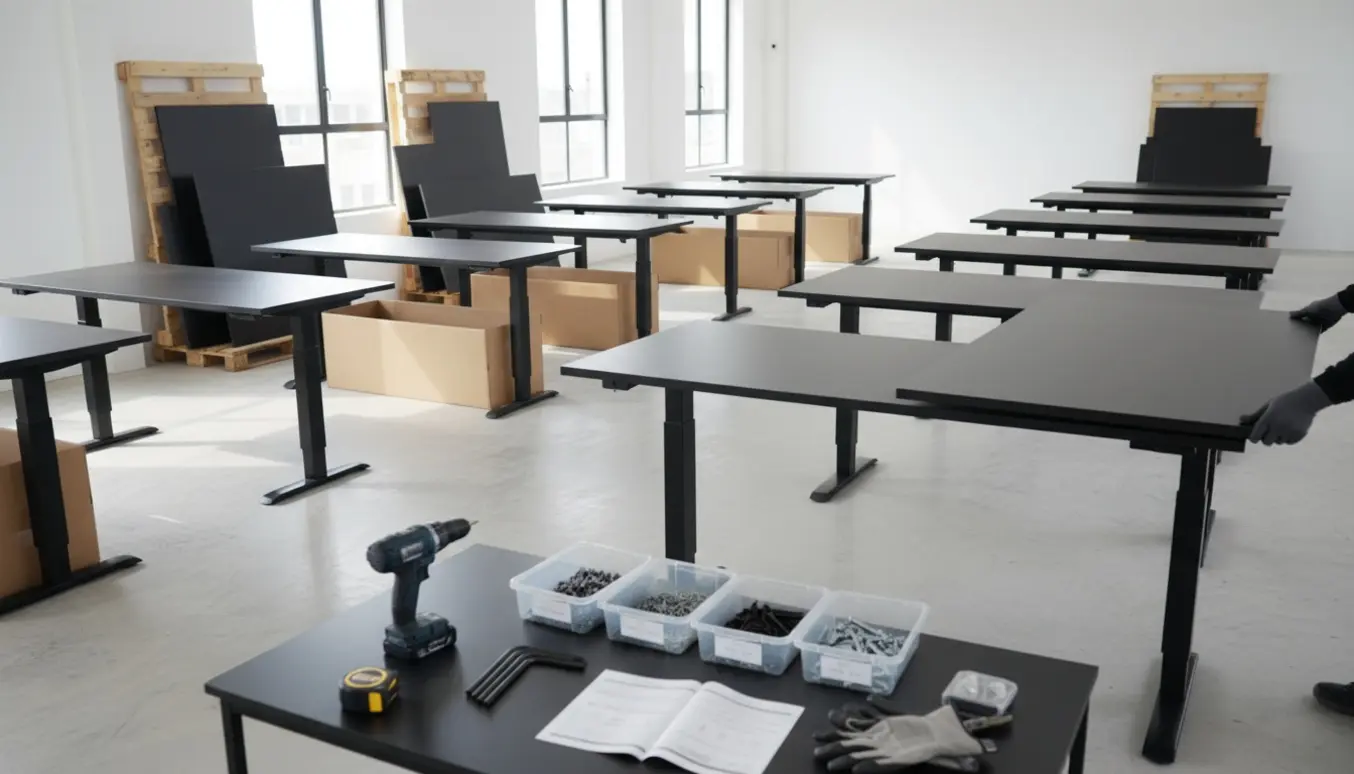 Delvist samlede sorte stel og bordplader stablet i et lyst kontorlokale klar til montering.