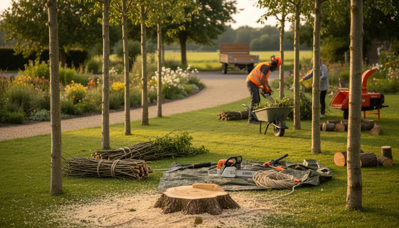 Fældning af mirabelle-træer i en have med stubbeflet, bunker af grene og en trailer på vejen i baggrunden.