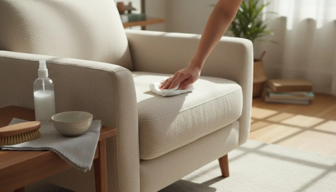 Hænder renser en stoflænestol med microfiberklud og blød børste i naturligt dagslys.