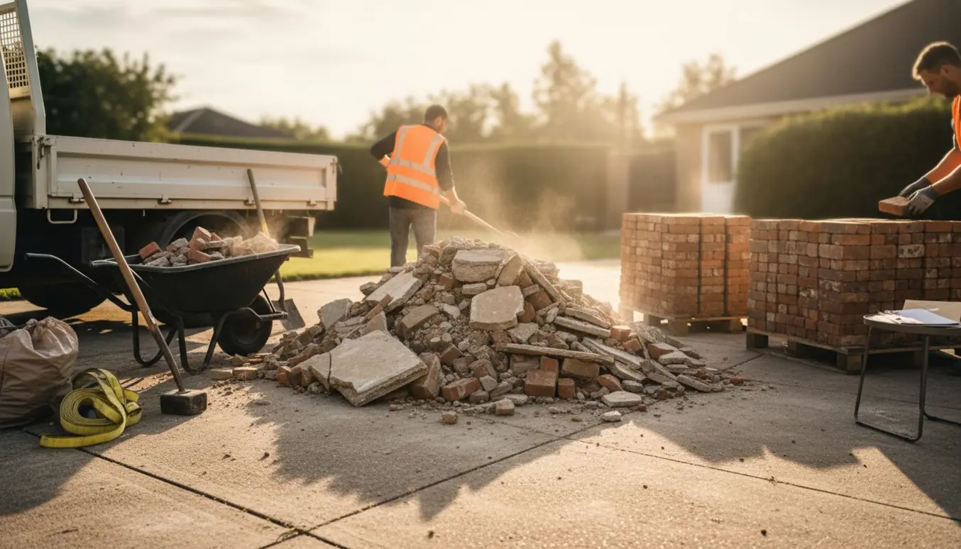 Carport med bunke beton- og murråstof ved siden af to stabler mursten og værktøj klar til bortskafning.