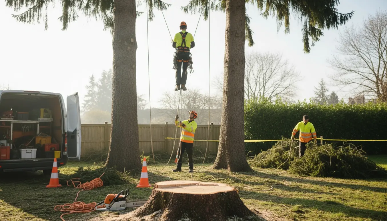 Professionel topkapning af to grantræer ved skellet med sikkerhedsudstyr og tre meter høje stammer tilbage.