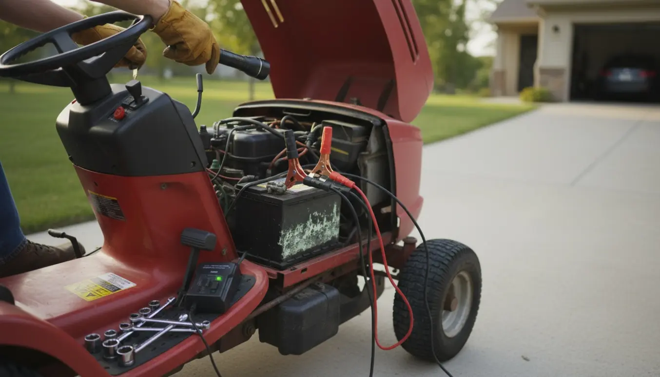 Åben havetraktor med hænder ved tænding, synligt batteri, startkabler og værktøj klar til fejlfinding.