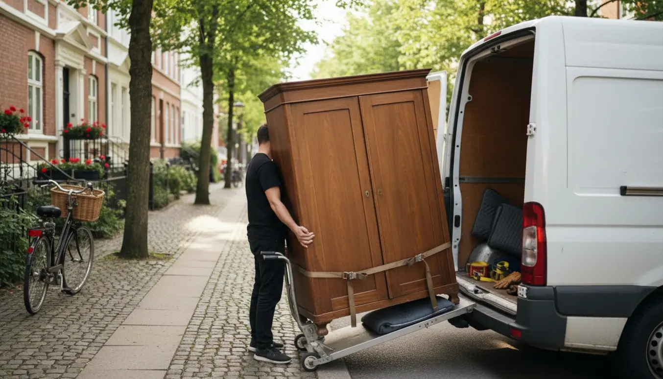 Et træskab læsses på en flyttevogn på en træbevokset Frederiksberg-gade med tæpper og stropper, ansigter ikke synlige.