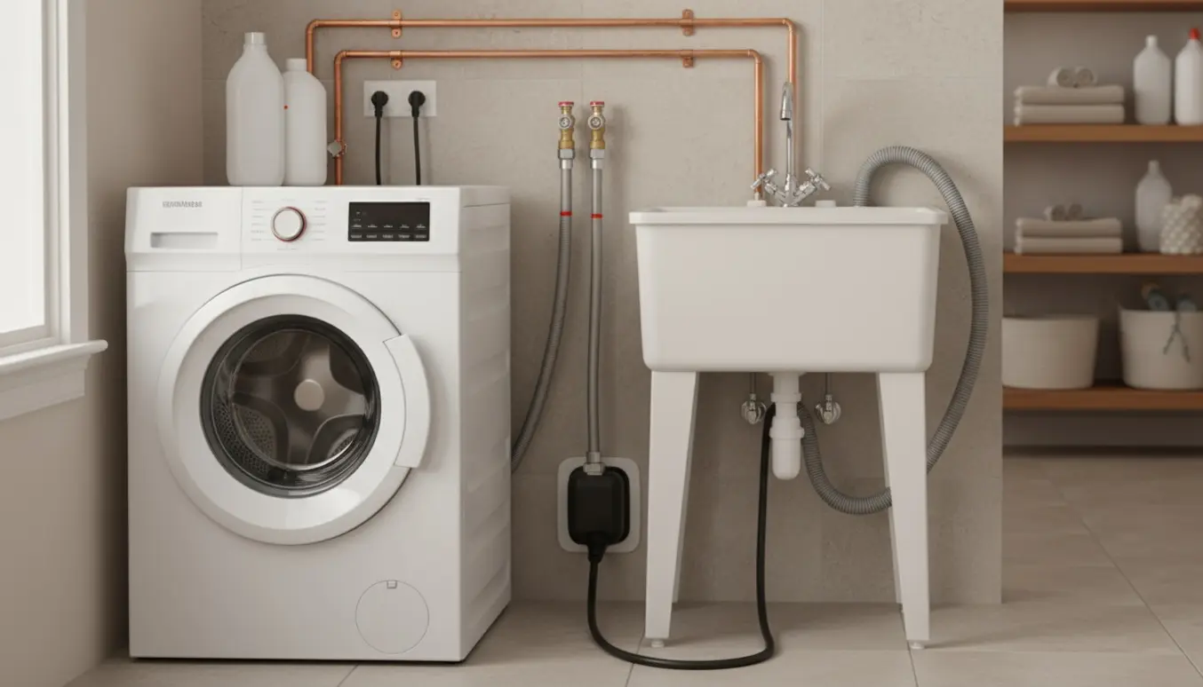 Nærbillede af en vaskemaskine i bryggers, hvor hænder tilslutter et kraftigt strømstik og synlige vandslanger.