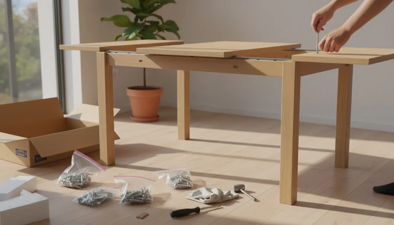 Hænder samler et Ikea Laneberg udtræks spisebord med værktøj og emballage i et lyst rum.