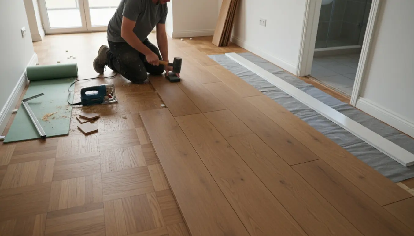 Hænder installerer klikgulv i varm egetone over eksisterende fletparket med fjernede fodpaneler og værktøj i et lyst rum.