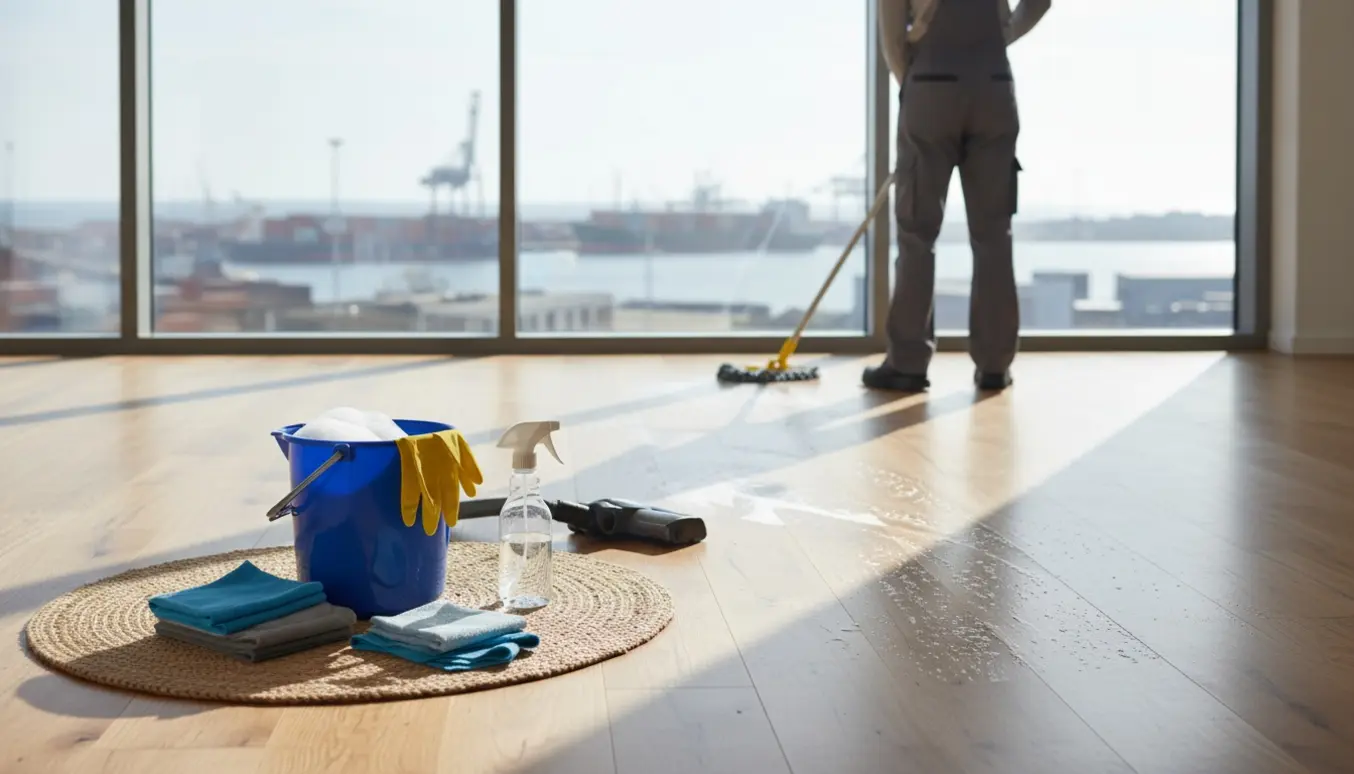 Rengøringsperson mopper trægulv i lys lejlighed med rengøringsudstyr og sløret havneudsigt.
