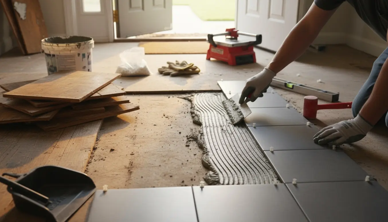 Et lille entregulv under renovering med fjernet trægulv, stakke brædder og fliser klar til at blive lagt.