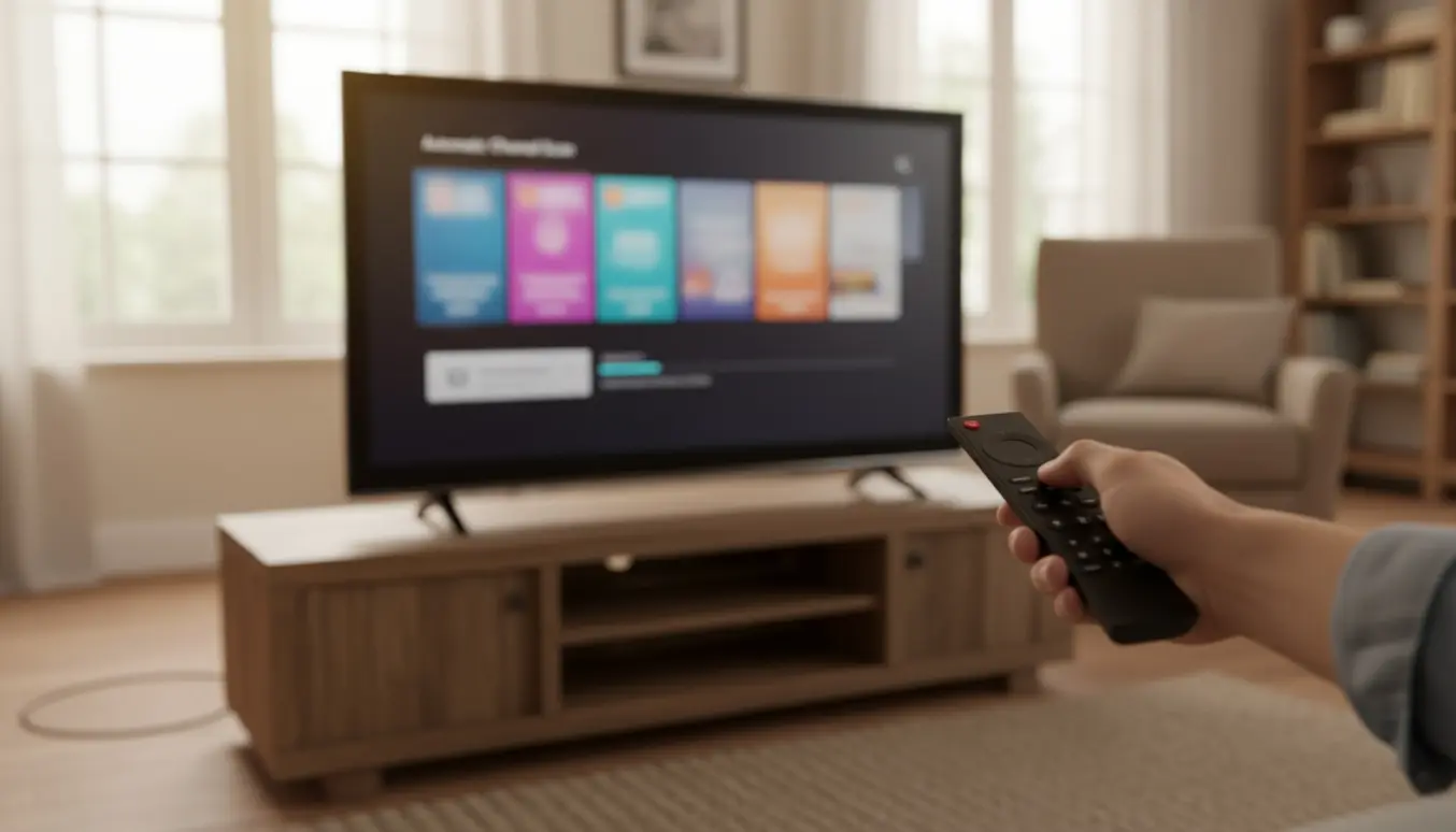 Hænder holder fjernbetjening foran et ældre flatscreen-tv i gang med automatisk kanalsøgning, med coax-kabel tilsluttet og ingen boks synlig.