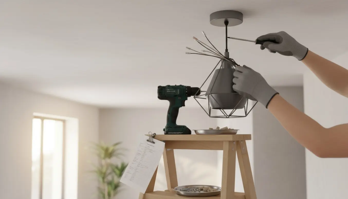 Hænder monterer en loftlampe med boremaskine, skruer og rawlplugs, kabeloversigt sløret på stigen.