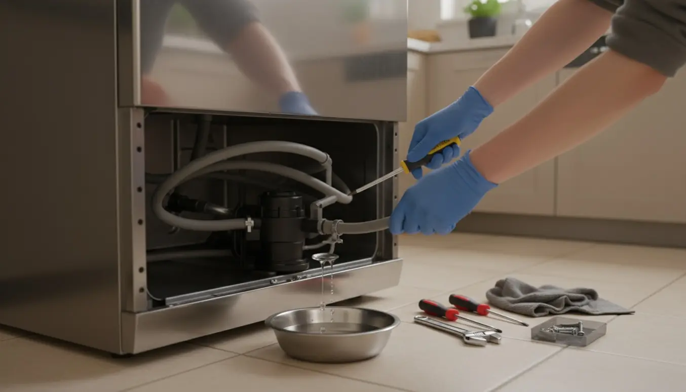 Tekniker arbejder på en åben, velholdt rustfri opvaskemaskine med værktøj og en skål til opsamling af vand.