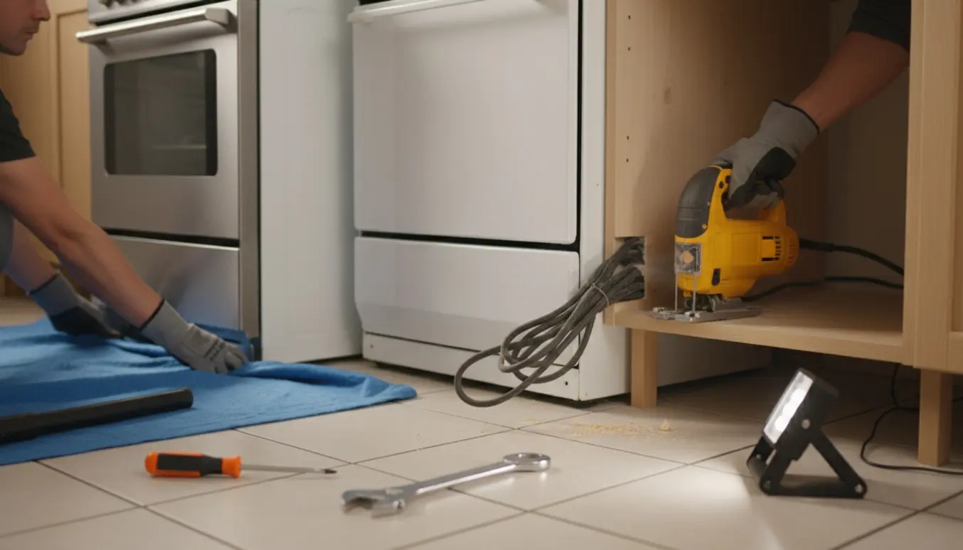 Handskerede hænder saver en åbning i et køkkenskab for at komme til komfurets ledning, mens et nyt komfur står klar til indbygning.