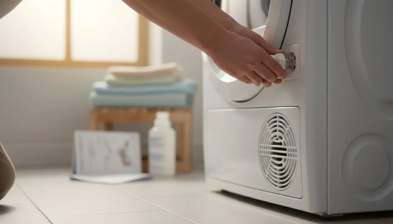 Nærbillede af hænder, der sætter tørretumblerens stik i en vægstik i et lyst vaskerum.