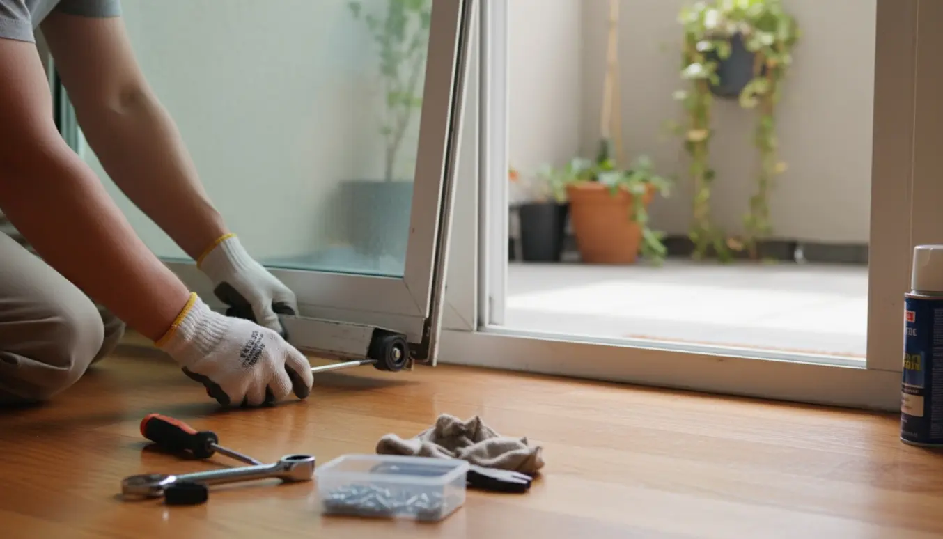 Tæt foto af hænder, der arbejder på en skydedørs skinne og genindsætter rullen med værktøj på gulvet.