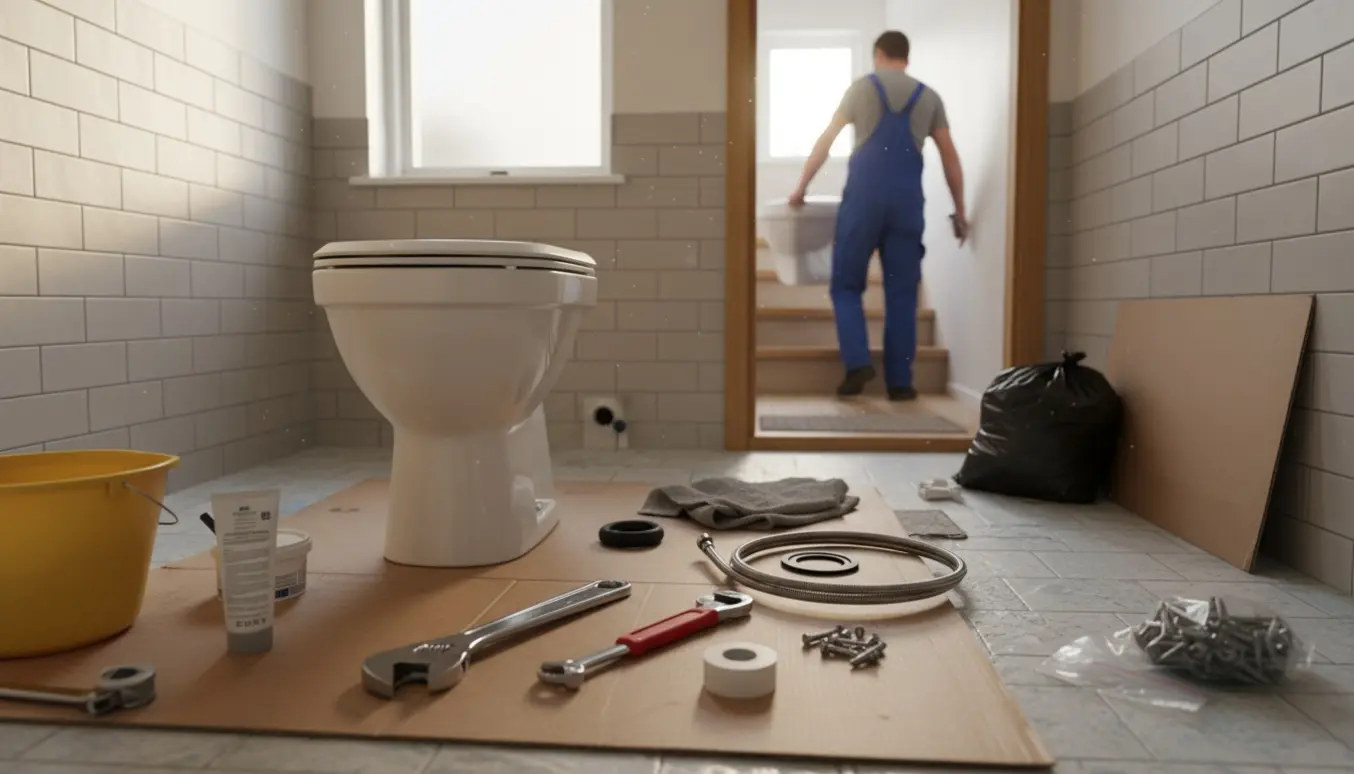 Et lille lejligheds-badeværelse under udskiftning af toilet med nyt toilet i kasse, værktøj og en håndværker bagfra, der bærer det gamle toilet ned ad trappen.